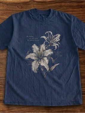 Gildan Navy Floral Graphic Tank Top with Cream Flowers